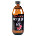 Bottle of TMan's Castor Oil with a black label on a white background