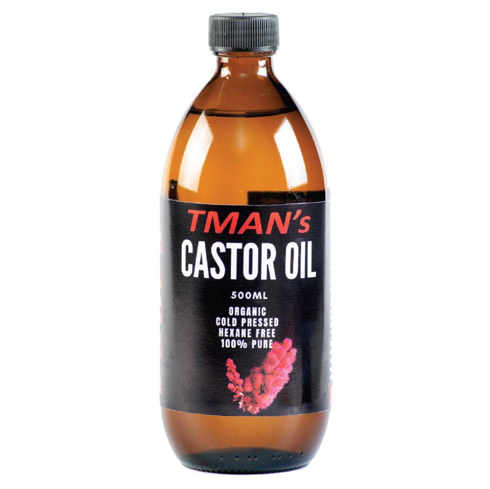 Bottle of TMan's Castor Oil with a black label on a white background