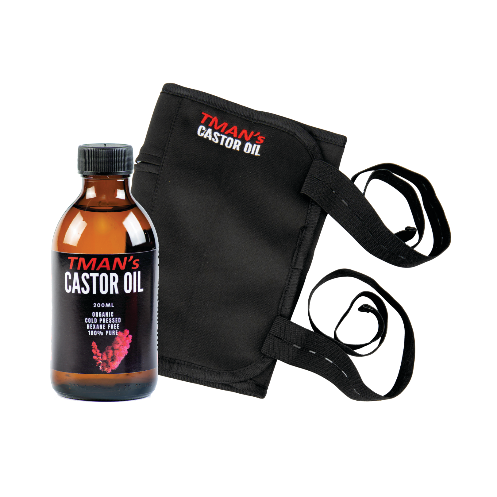 TMan's Castor Oil bottle with a black wrap on a white background