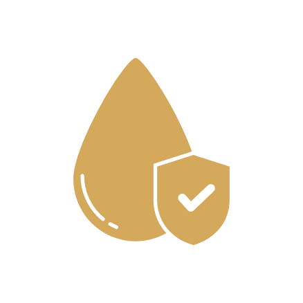 Gold droplet icon with a shield and check mark on a white background