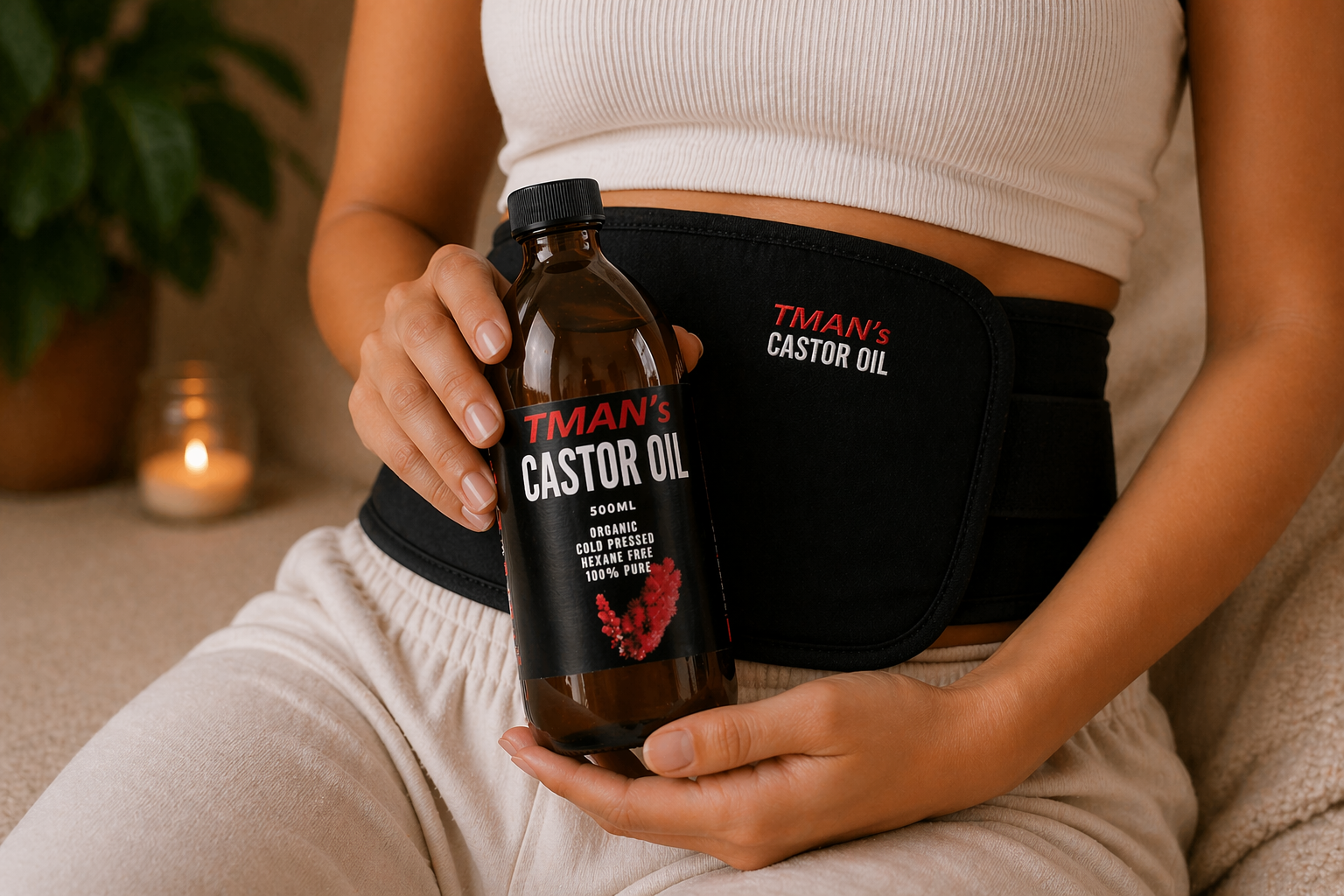 Person holding a bottle of TMan's Castor Oil with a branded belt around their waist.